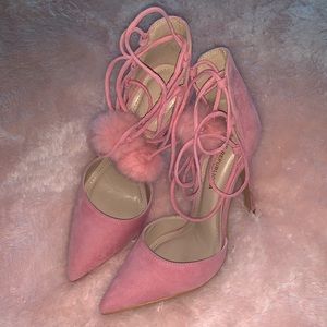 PINK HIGH HEELS TIED AROUND ANKLE W/ FAUX FUR